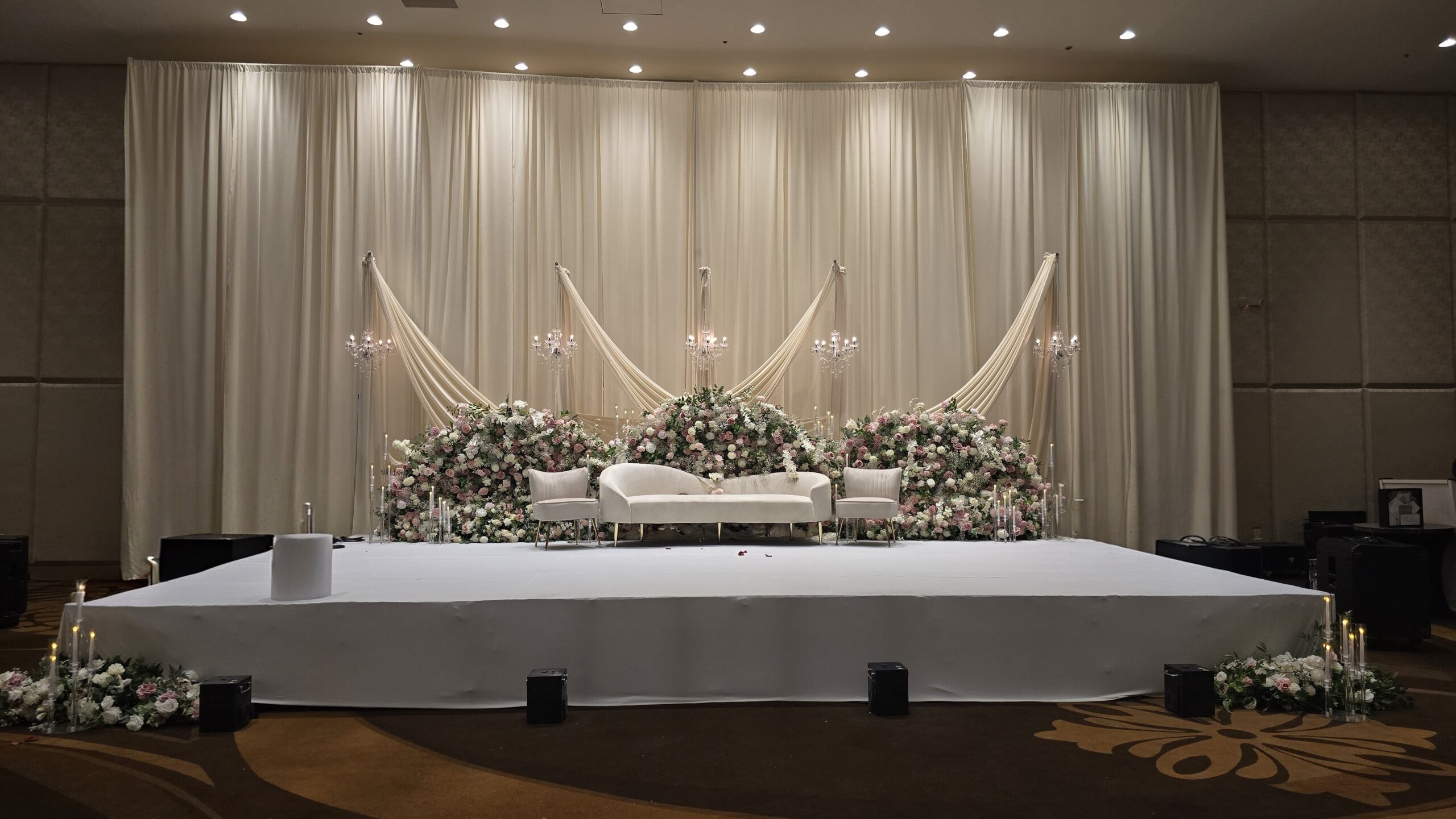 20 foot pipe and drape backdrop installation at Chateau Luxe in Phoenix Arizona